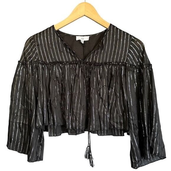 NSR Metallic Stripe Tassel Tie Front Ruffle Crop Top - Picture 1 of 10